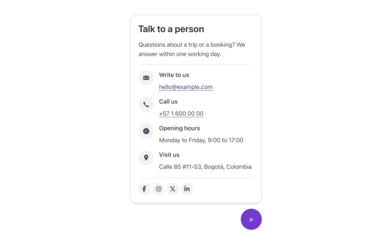 Preview of the floating contact template: a floating contact button for Bricks Builder, fixed in the bottom right corner with its label beside it