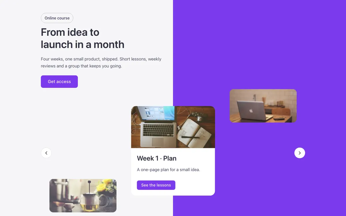 Preview of the focus carousel template: a carousel for Bricks Builder set on a split dark and brand background
