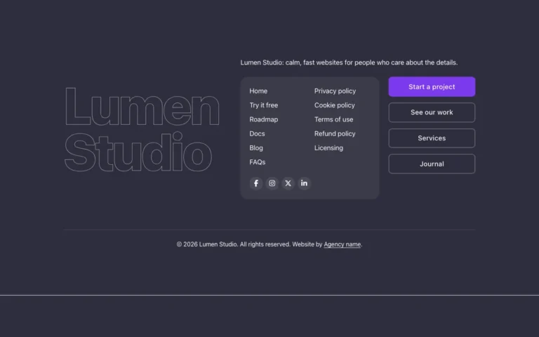 Preview of the brand template: a footer for Bricks Builder with a huge outlined brand name beside two link lists, social links and a column of buttons