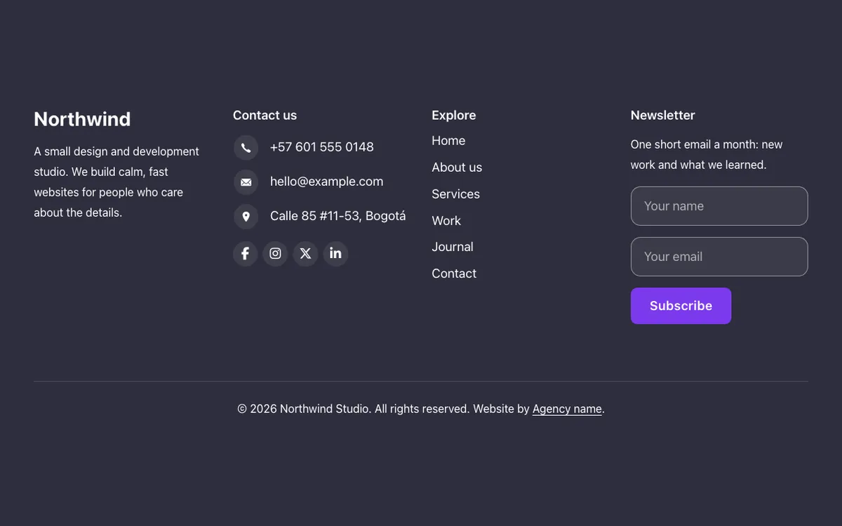Preview of the columns template: a footer for Bricks Builder with four columns