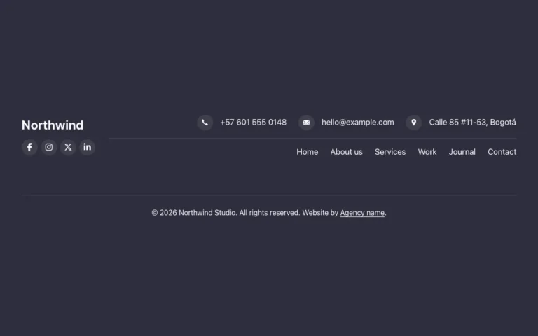 Preview of the inline template: a footer for Bricks Builder with the logo and social links beside a row of contact details and the site menu