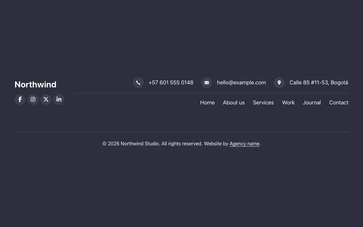 Preview of the inline template: a footer for Bricks Builder with the logo and social links beside a row of contact details and the site menu