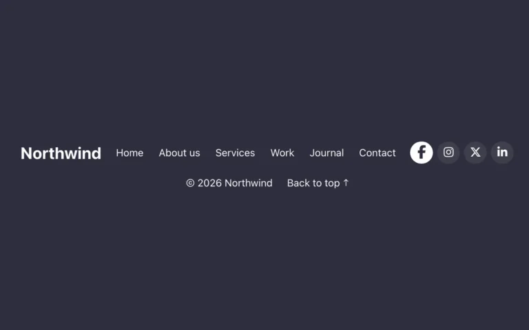 Preview of the minimal template: a minimal footer for Bricks Builder in one calm line: logo, a row of links, social links, copyright and a back to top link