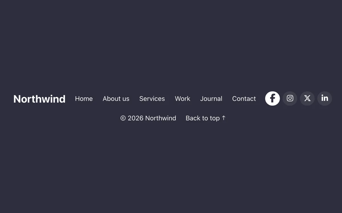 Preview of the minimal template: a minimal footer for Bricks Builder in one calm line: logo, a row of links, social links, copyright and a back to top link