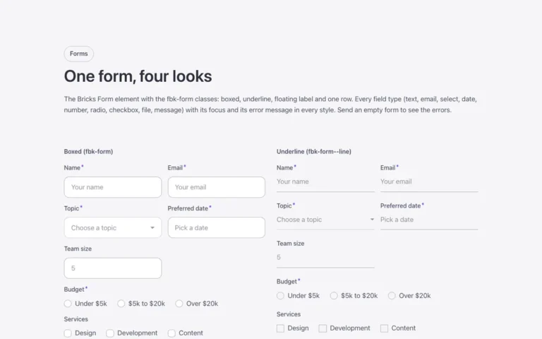 Preview of the forms template: a showcase of form styles for Bricks Builder