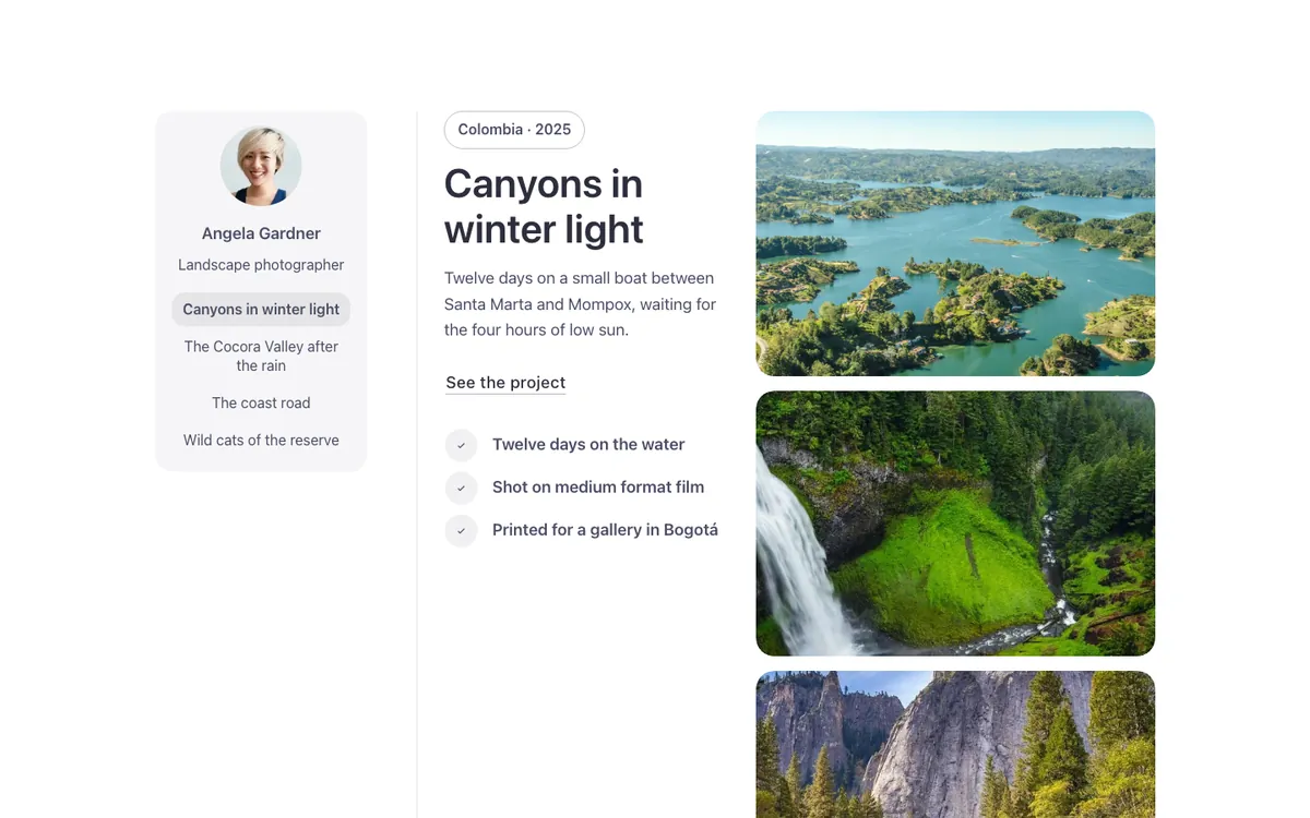 Preview of the portfolio template: a portfolio gallery for Bricks Builder with projects one after another: the text stays in place beside the photos as they pass and stack