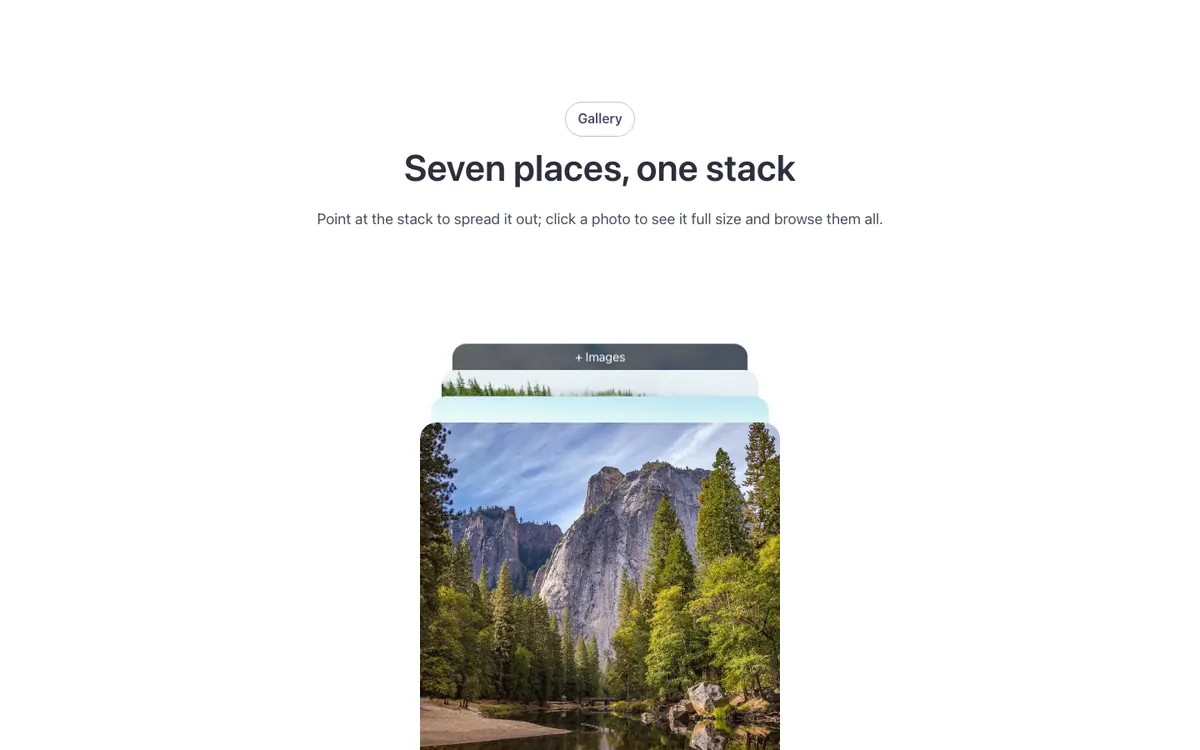 Preview of the 3D stack cards template: an image gallery for Bricks Builder built on the native Bricks Image Gallery, shown as a stack of four photos peeking out at the top