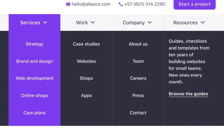 Preview of the column menu template: a header for Bricks Builder with a logo, contact details and a button on top, and a mega menu strip below