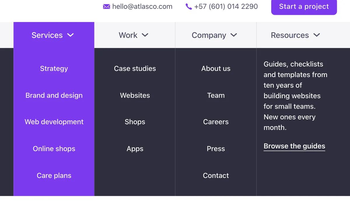 Preview of the column menu template: a header for Bricks Builder with a logo, contact details and a button on top, and a mega menu strip below