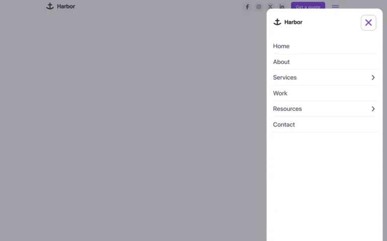 Preview of the side menu template: a header for Bricks Builder with a logo, social links, a call to action and a menu button that opens a side menu