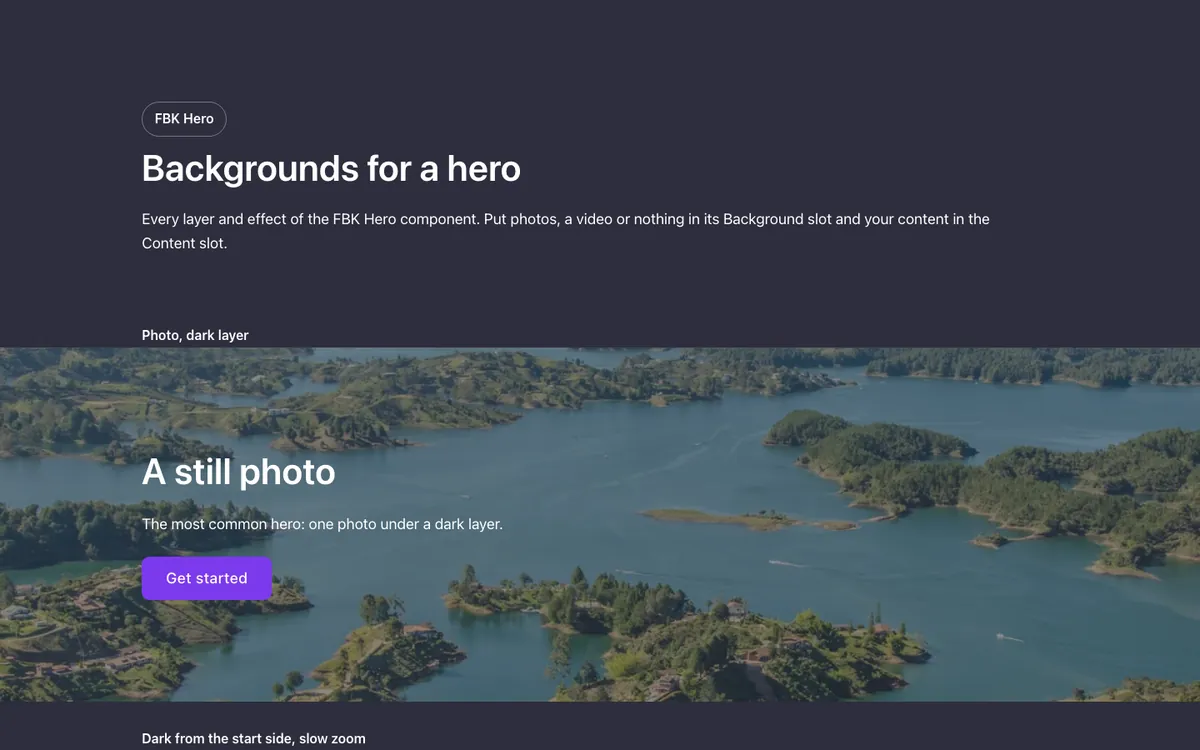 Preview of the hero backgrounds template: a showcase of the FBK Hero component for Bricks Builder