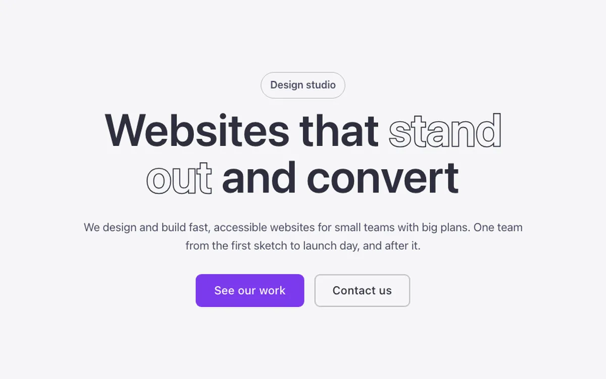 Preview of the minimal template: a minimal hero section for Bricks Builder, centered on a light background: a very large H1 with one outlined phrase, a lead and two buttons