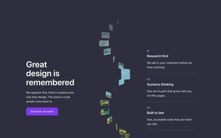 Preview of the sphere (helix) template: a hero section for Bricks Builder built on the FBK Photo sphere component