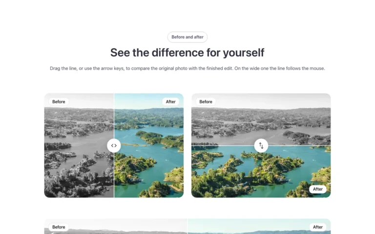 Preview of the before and after template: an image comparison gallery for Bricks Builder with two photos stacked on top of each other and a line you drag
