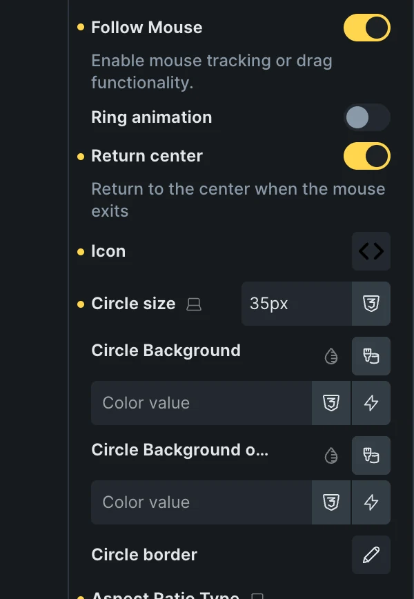 Fancy Image Comparison in the Bricks panel: Follow Mouse on, Ring animation off, Return center on, then Icon, Circle size 35px, Circle Background and Circle Background on focus.