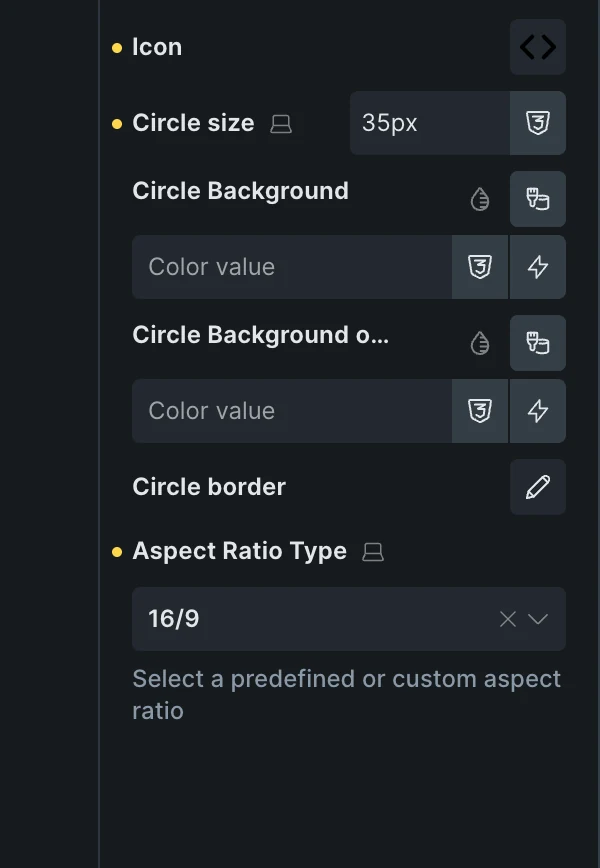 Fancy Image Comparison in the Bricks panel: Icon, Circle size 35px, Circle Background, Circle Background on focus, Circle border and Aspect Ratio Type 16/9.