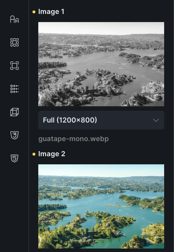 Fancy Image Comparison in the Bricks panel: Image 1 with the black and white photo of Guatapé and Image 2 with the color one, each with its size, Full 1200×800.