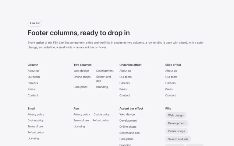 Preview of the link list template: a showcase of the FBK Link list component for Bricks Builder