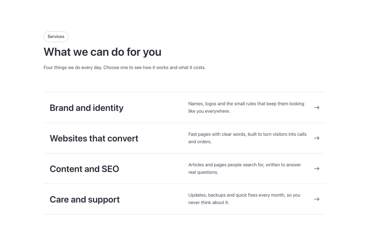 Preview of the list hover fill template: a services list for Bricks Builder with a big title, a line of text and an arrow on every row