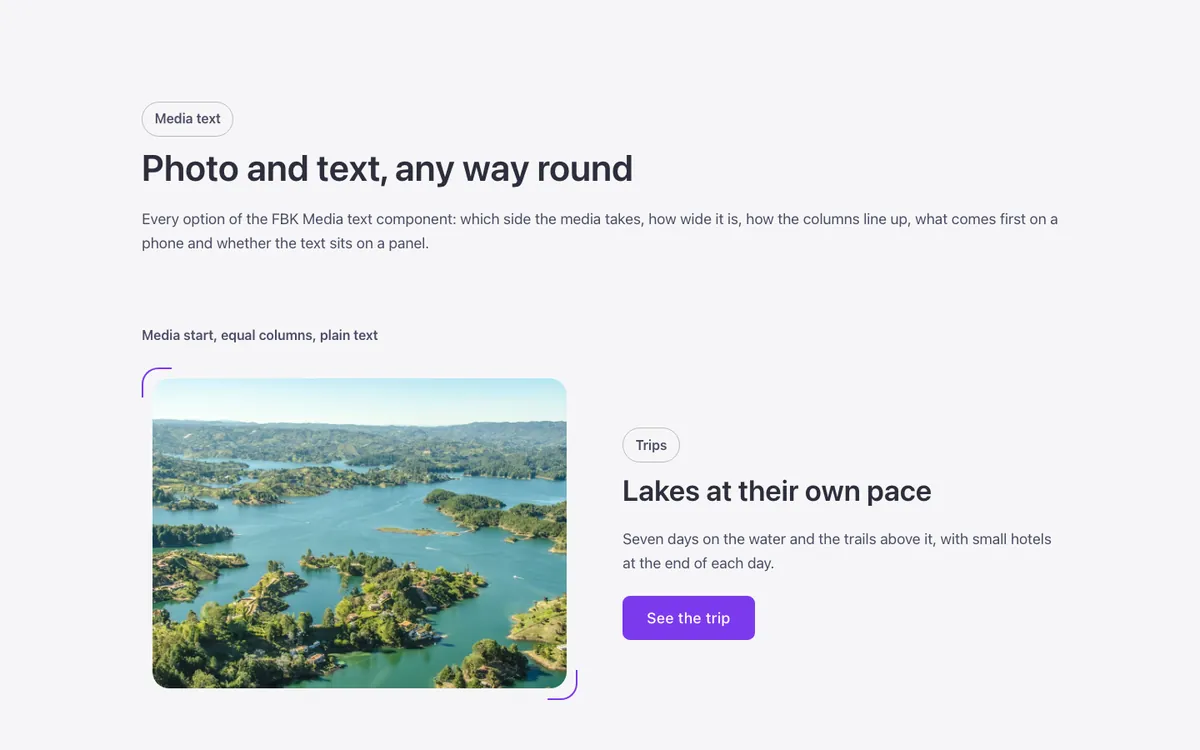Preview of the media text template: a showcase of the FBK Media text component for Bricks Builder in four set-ups
