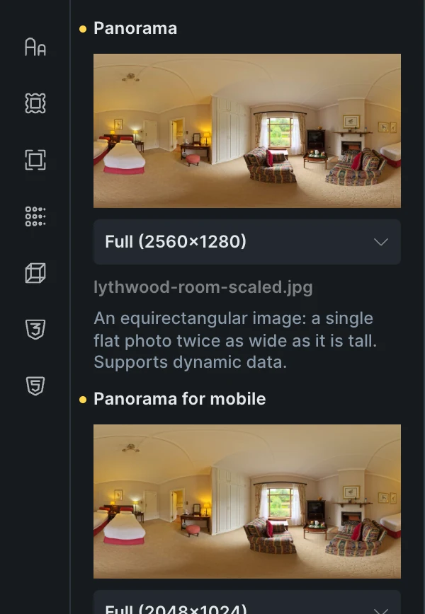 Fancy 360 Panorama in the Bricks panel: Panorama, the hotel room photo at Full 2560×1280, and Panorama for mobile, its lighter copy.
