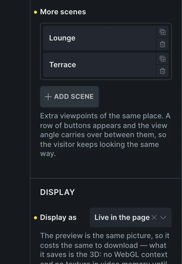 Fancy 360 Panorama in the Bricks panel: More scenes, Lounge and Terrace, Add scene, then Display: Display as Live in the page.