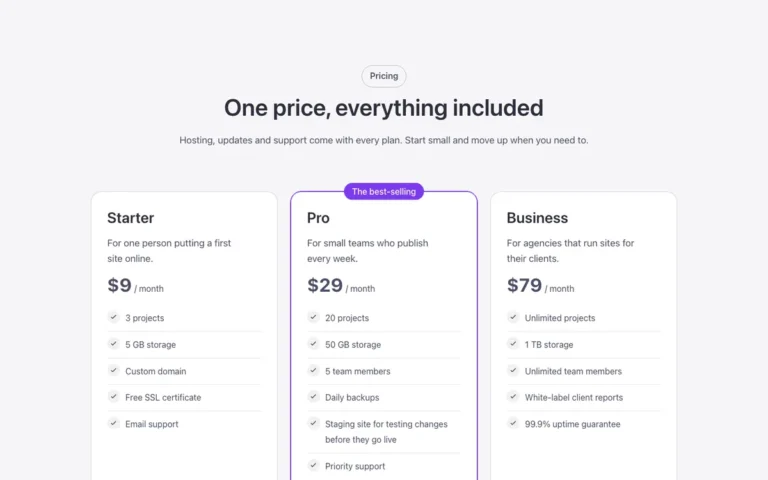 Preview of the plans template: a pricing table for Bricks Builder with three plan cards