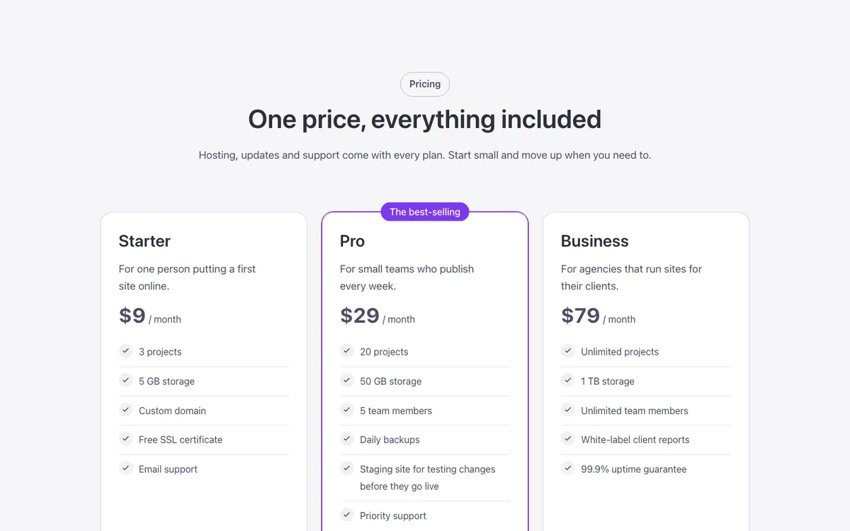 Preview of the plans template: a pricing table for Bricks Builder with three plan cards