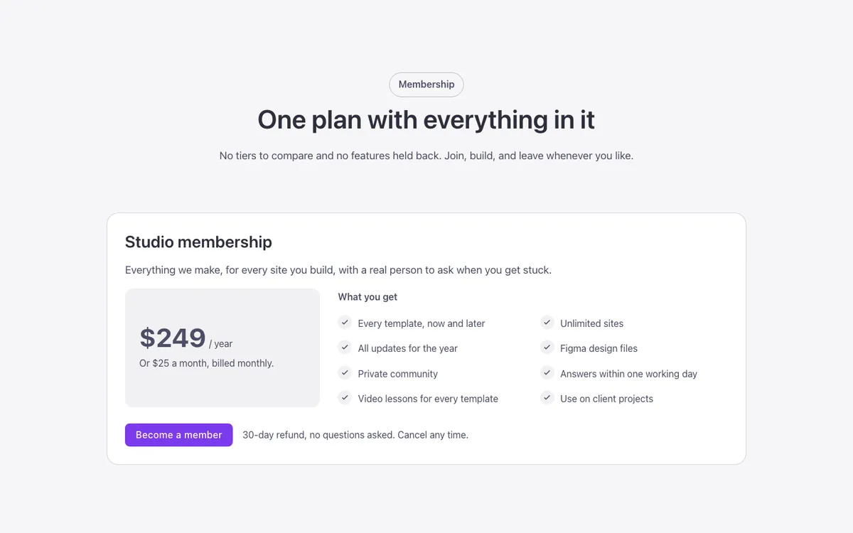 Preview of the single plan template: a pricing table for Bricks Builder built as one large plan card
