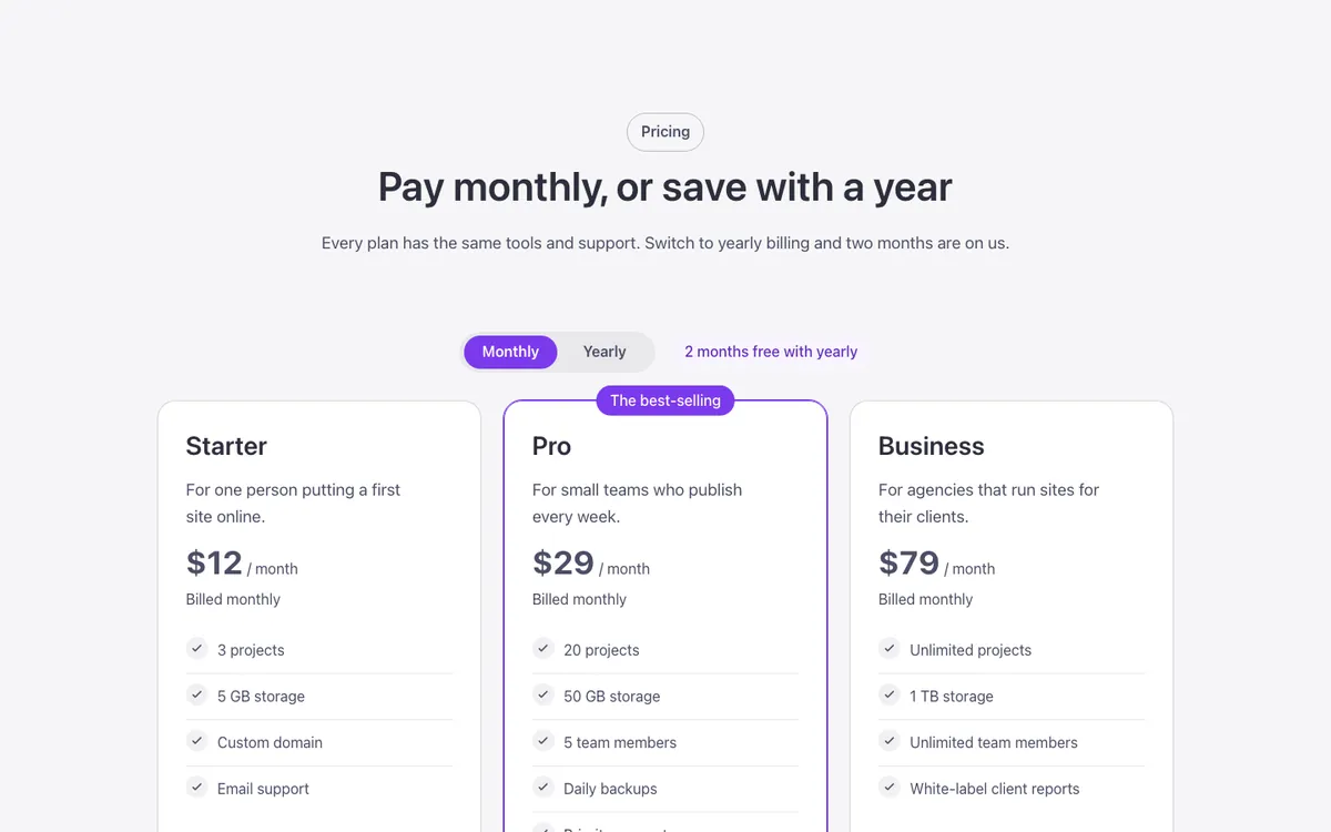Preview of the monthly or yearly template: three pricing cards for Bricks Builder with a Monthly / Yearly switch that swaps every price with a soft fade