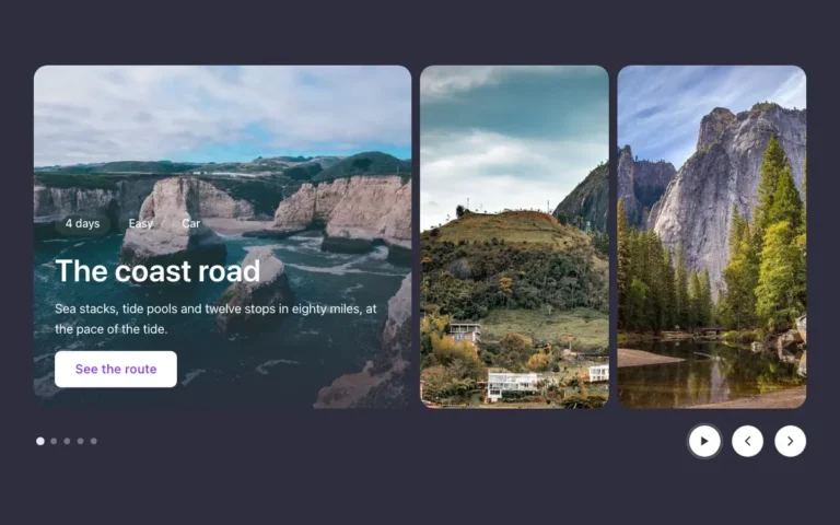 Preview of the prime slider template: a slider for Bricks Builder on a dark background where the active slide is a large photo with tags