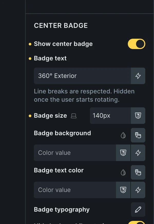 Fancy 360 Rotation in the Bricks panel, Center badge: Show center badge on, Badge text «360° Exterior», Badge size 140px, background, text color and typography.
