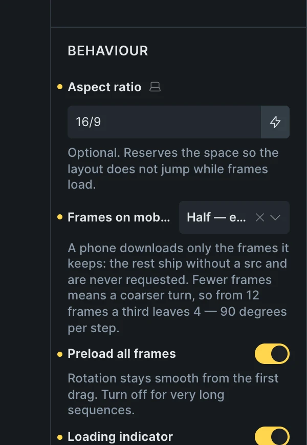 Fancy 360 Rotation in the Bricks panel, Behaviour: Aspect ratio 16/9, Frames on mobile Half, every 2nd frame, Preload all frames on and Loading indicator on.