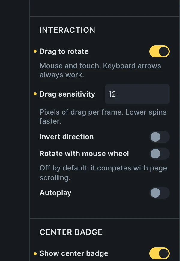 Fancy 360 Rotation in the Bricks panel, Interaction: Drag to rotate on, Drag sensitivity 12, Invert direction, Rotate with mouse wheel and Autoplay off.