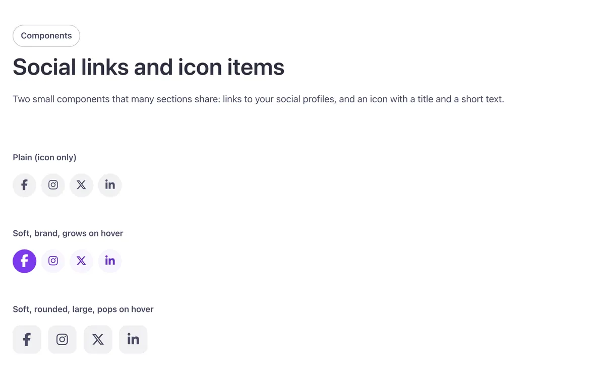 Preview of the social links and icon items template: a showcase of two components for Bricks Builder