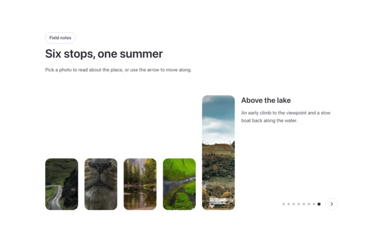 Preview of the staggered slider template: a staggered slider for Bricks Builder with a row of short thumbnails that ends in the active slide