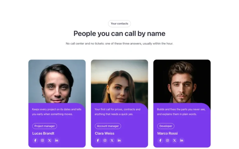 Preview of the brand cards template: a team section for Bricks Builder with three team photos over a brand panel whose top corner curves over the photo