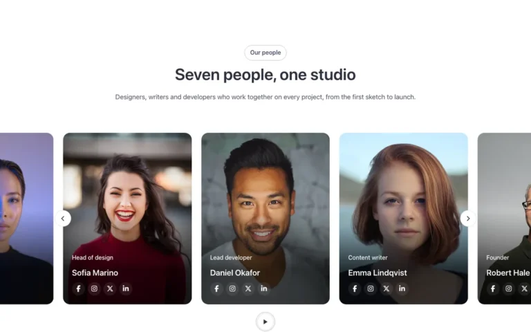 Preview of the carousel template: a team carousel for Bricks Builder showing three photos per view, each with the role and name set over a dark shade at the bottom