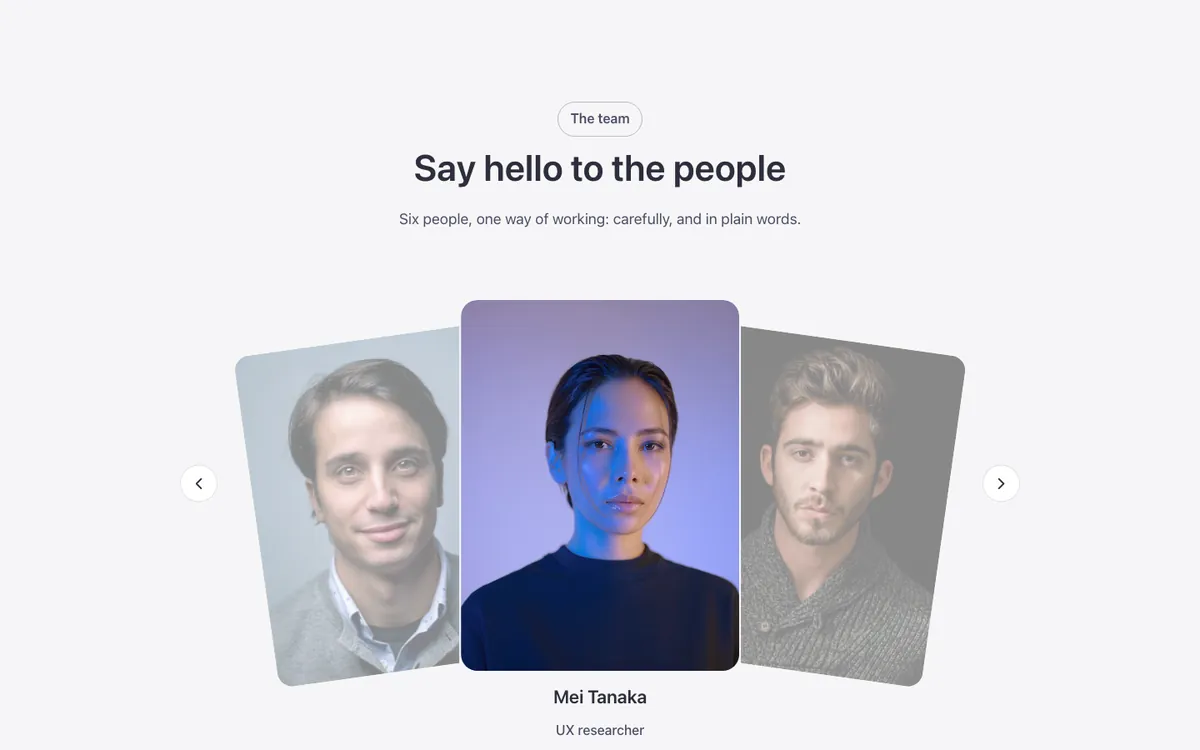 Preview of the fan slider template: a team slider for Bricks Builder on a dark background
