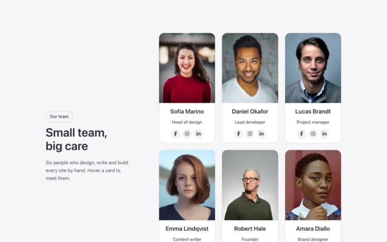 Preview of the grid with intro template: a team section for Bricks Builder with the section intro on the left and six team cards on the right, each with a photo, name and role