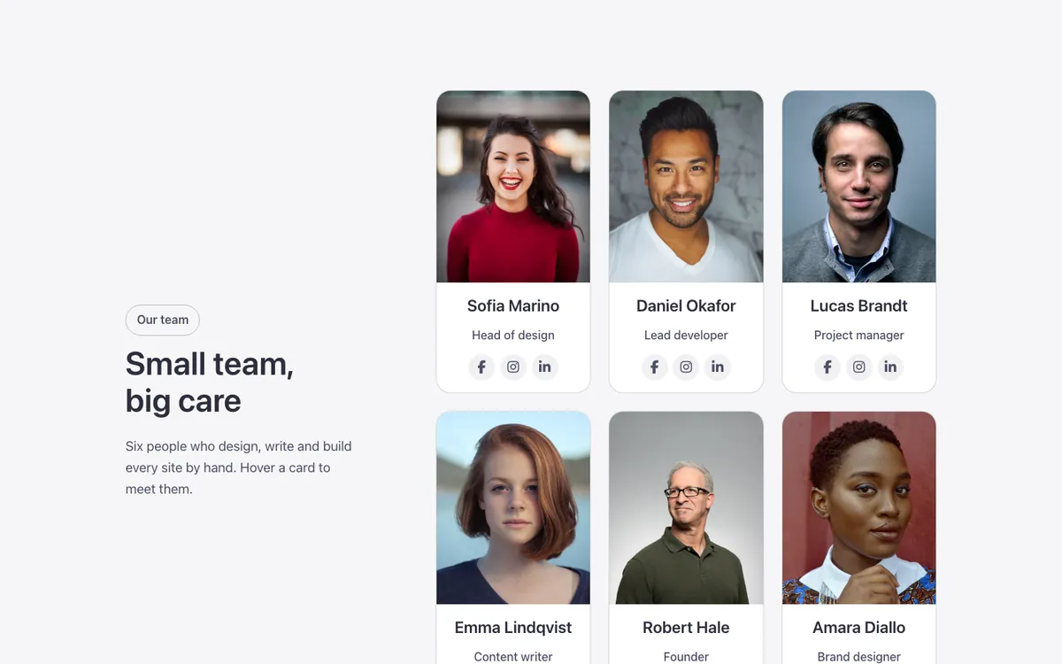 Preview of the grid with intro template: a team section for Bricks Builder with the section intro on the left and six team cards on the right, each with a photo, name and role