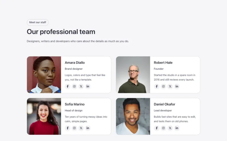 Preview of the horizontal cards template: a team section for Bricks Builder with horizontal cards, two per row, each pairing a photo with the name, role, a short bio and social links