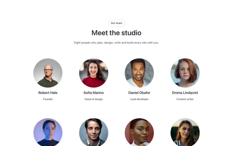 Preview of the minimal grid template: a minimal team grid for Bricks Builder with round avatars, a name and a role in four columns and no cards