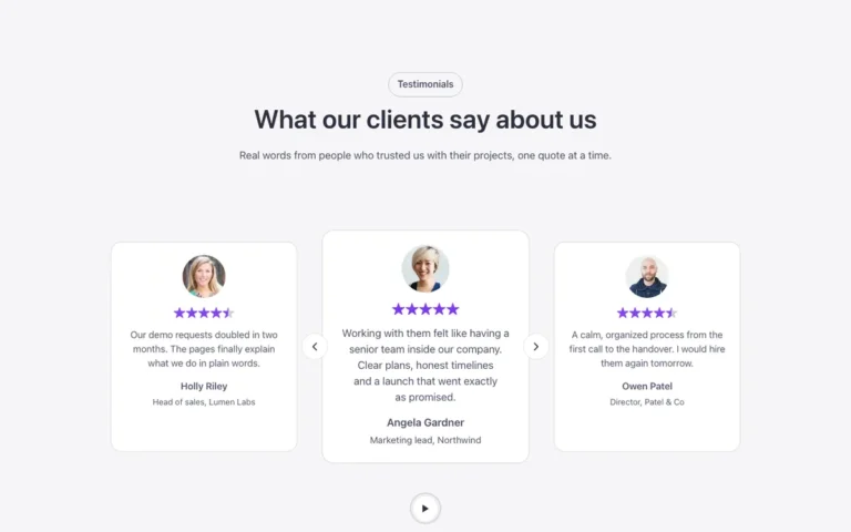 Preview of the center focus carousel template: a testimonial carousel for Bricks Builder with three cards per view