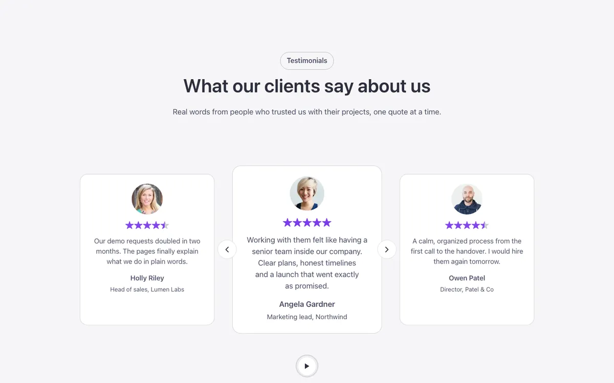 Preview of the center focus carousel template: a testimonial carousel for Bricks Builder with three cards per view