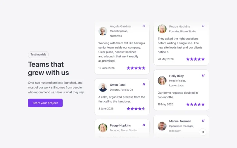Preview of the scrolling columns template: a testimonial marquee for Bricks Builder with an intro and a button beside two columns of testimonial cards that scroll without end