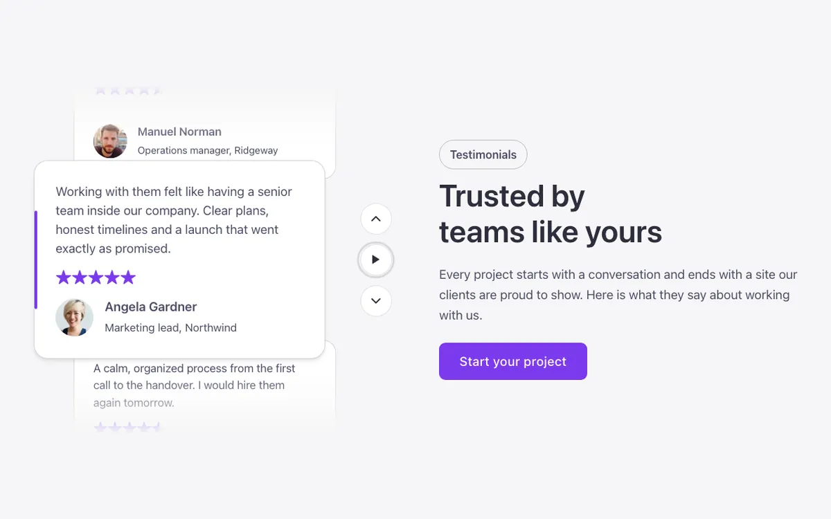 Preview of the vertical focus slider template: a vertical testimonial slider for Bricks Builder that moves up one quote at a time