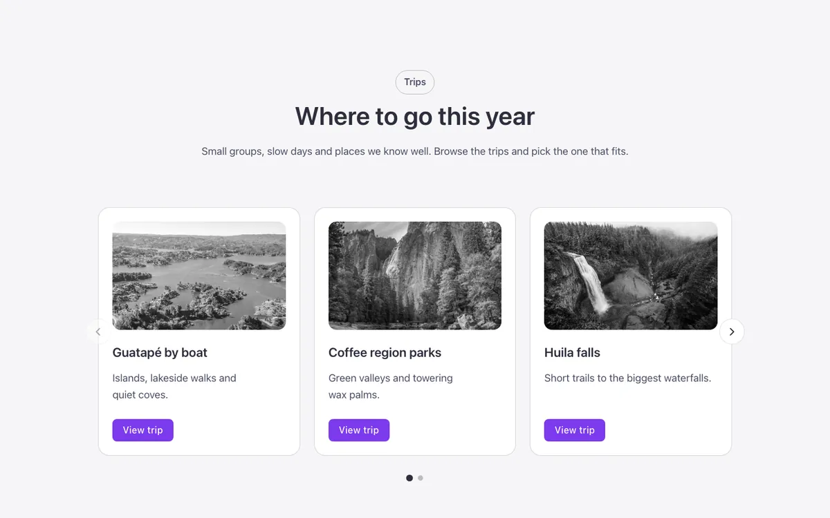 Preview of the card slider template: a card carousel for Bricks Builder with a centered intro above it, three compact cards per view, and a button with a short note below