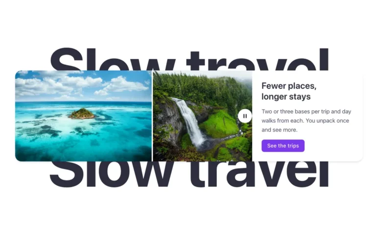 Preview of the band template: a text and media section for Bricks Builder with a band of moving photos and a text panel set in front of a giant word split in two