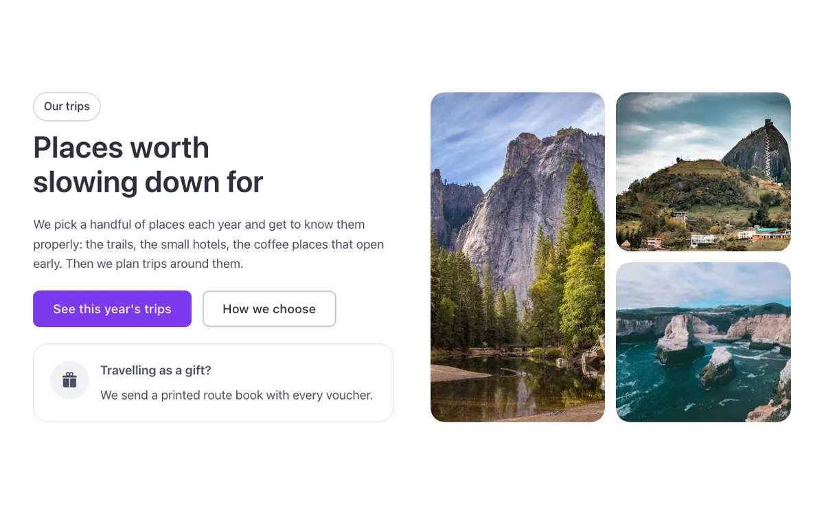 Preview of the gallery template: a text and media section for Bricks Builder with an intro, two buttons and a note beside a grid of three captioned photos